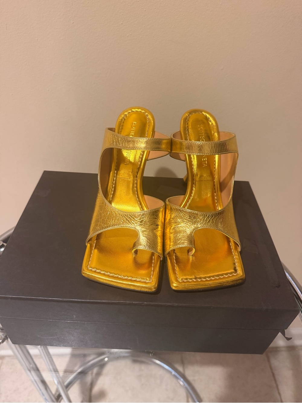 Bottega Veneta Metallic Gold Square-Toe Slide Heels - Picture 5 of 6